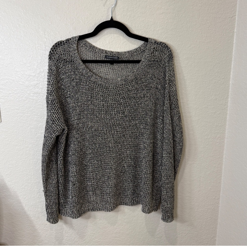 Eileen Fisher Linen Wool Blend Mesh Sweater Black White Large Fall Quiet Luxury - Picture 1 of 7